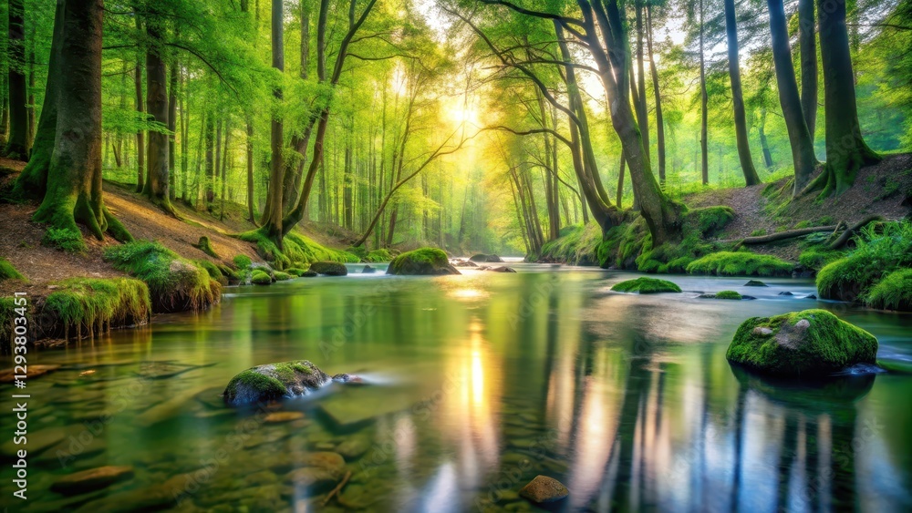Obraz premium Gentle water flows through the serene forest, creating a peaceful atmosphere