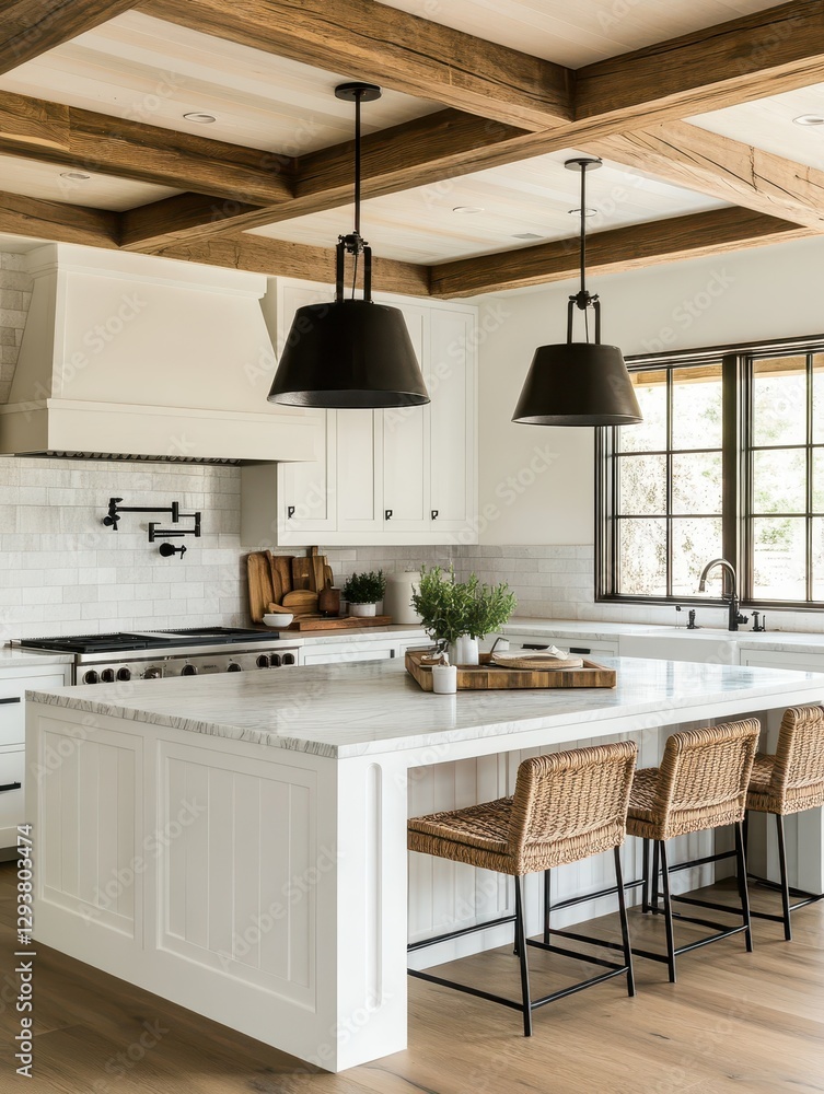 A contemporary kitchen with elegant pendant lights and stylish decor A contemporary kitchen with elegant pendant lights and stylish decor