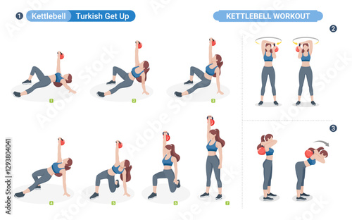 Kettlebell exercise workouts turkish get up for women vector illustration.