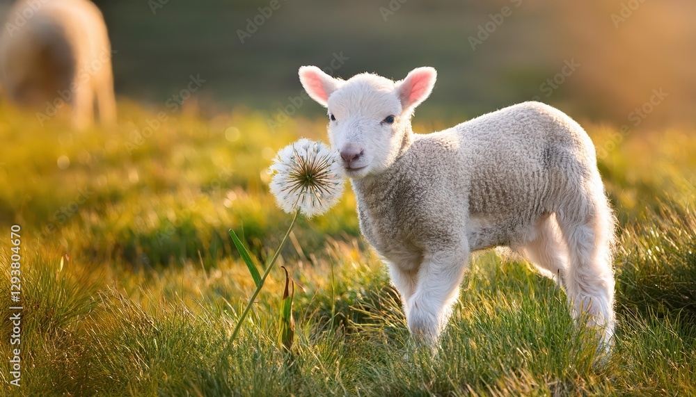 Cute Lamb Sniffing a Flower in a Springtime Meadow A Blissful Moment Captured under the Soft Light of Early Afternoon, Embracing Natures Warmth and Vibrancy Cute Lamb Sniffing a Flower in a Springtime Meadow A Blissful Moment Captured under the Soft Light of Early Afternoon, Embracing Natures Warmth and Vibrancy