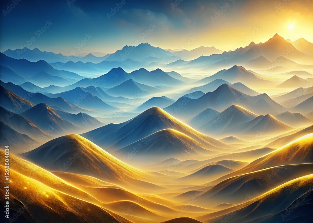 Fototapeta premium Abstract Blue Mountain Landscape with Golden Lines - Surreal Nature Photography