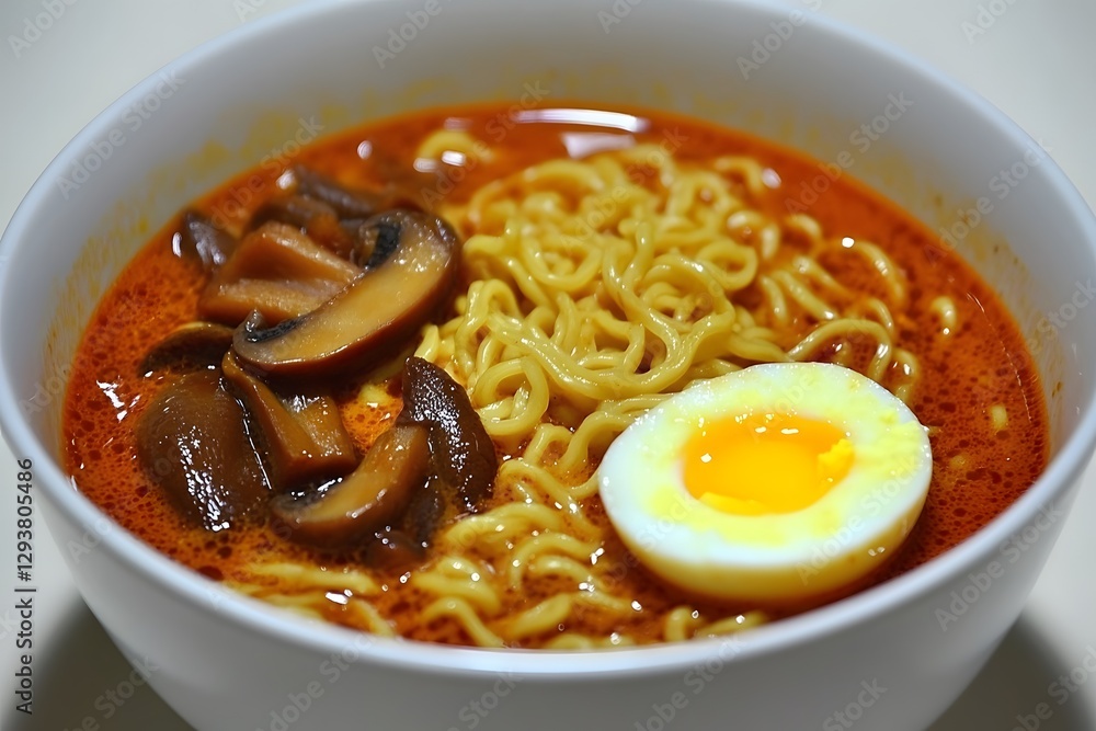 Spicy Ramen Noodles with Mushrooms and Egg- Delicious Asian Cuisine Spicy Ramen Noodles with Mushrooms and Egg- Delicious Asian Cuisine