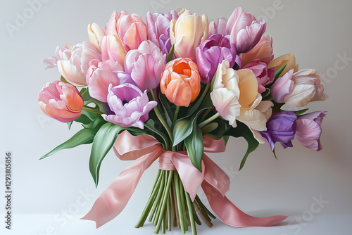 a bouquet of tulips with a pink ribbon tied around it and a bow on the side of the bouquet