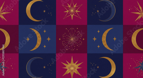 Repeating pattern of stylized stars and crescent moons in a symmetrical layout