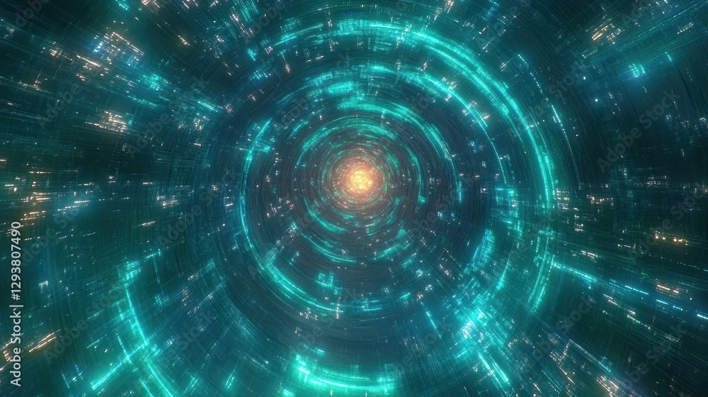 Fototapeta premium Abstract Futuristic Tunnel Digital Technology Background Bright Teal and Orange Light Glowing Lines