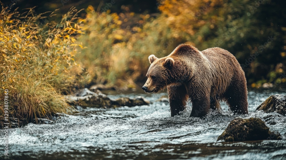Majestic Grizzly Bear Walking Through Shimmering Mountain Stream Majestic Grizzly Bear Walking Through Shimmering Mountain Stream