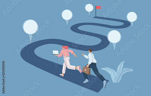 Business team running on project timeline, Roadmap, Project planning to develop the timeline of business progress, Work duration review, Key route map with action plans. Vector design illustration.