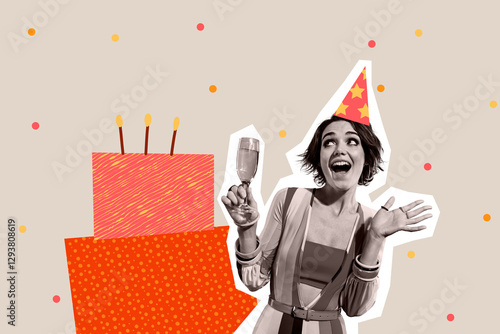 Canvas Print Contemporary art collage of happy birthday girl hold champagne glass celebration