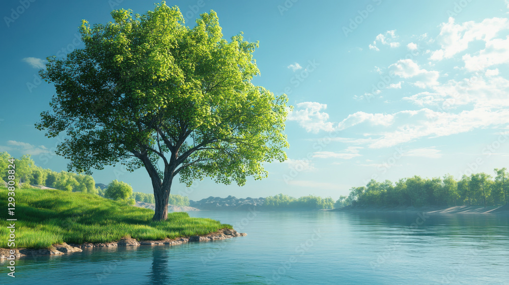 A solitary green tree with full, healthy leaves standing by a clear blue river