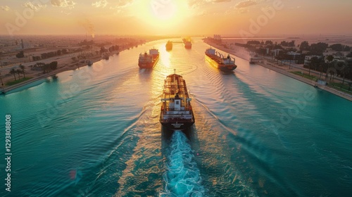 Cargo vessels travel through the Suez Canal during sunset, reflecting orange and blue hues on the water while the sky transitions to evening shades.
