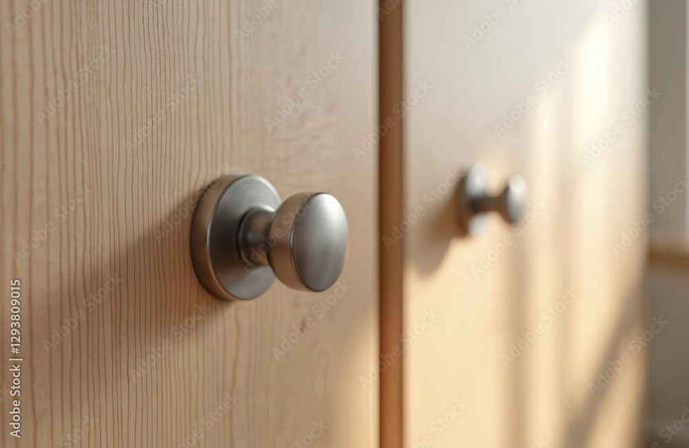 Fototapeta premium Close-up of light wooden cabinet doors with silver handles. Modern interior design featuring minimalist furniture. Clean lines, natural wood grain, creating warm, elegant, simple, contemporary style.