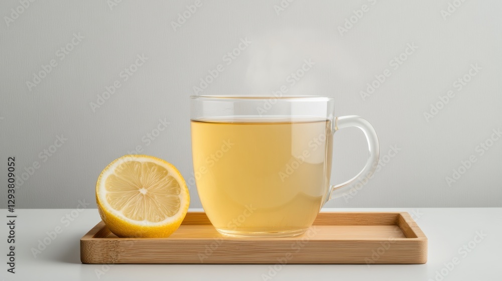 A transparent glass mug of honey-lemon tea placed on a wooden tray, steam rising A transparent glass mug of honey-lemon tea placed on a wooden tray, steam rising