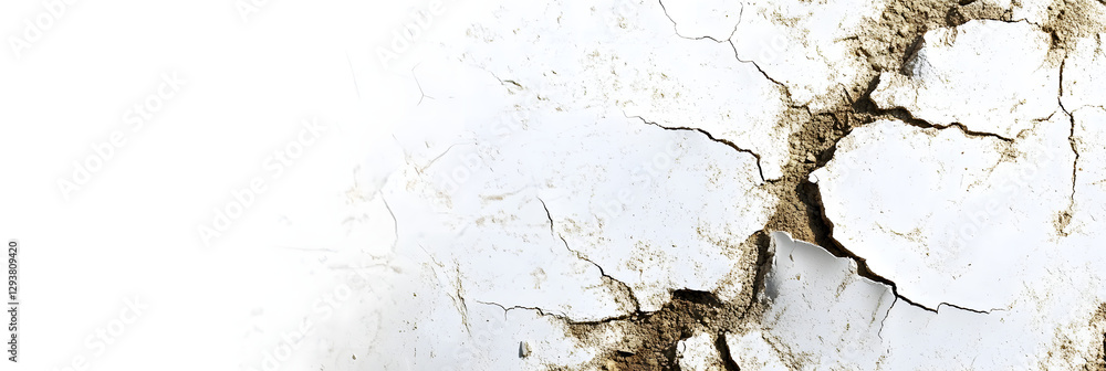 Obraz premium High-Resolution Image of Cracked Earth and Peeling White Paint Texture, wide banner, white background
