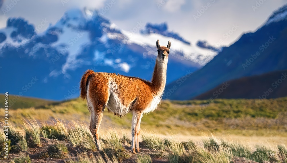 Wild Guanaco in the Majestic Torres del Paine National Park Patagonias Fierce Beauty Captured against an Aweinspiring Backdrop of Snowcapped Peaks and Vast Plains at Dawn Wild Guanaco in the Majestic Torres del Paine National Park Patagonias Fierce Beauty Captured against an Aweinspiring Backdrop of Snowcapped Peaks and Vast Plains at Dawn