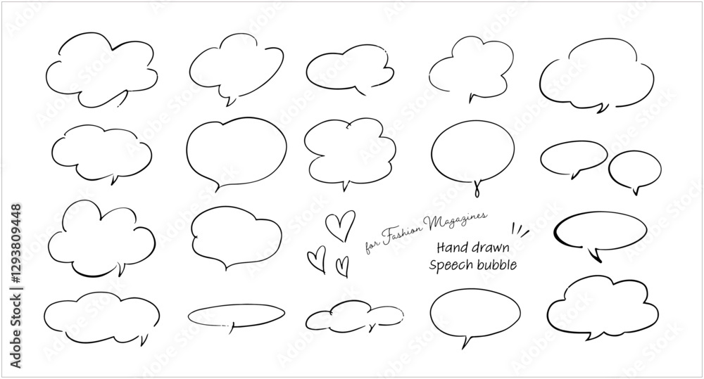 Speech bubble frame set, simple hand-drawn cute speech bubbles, vector material, monochrome, white background, copy space Speech bubble frame set, simple hand-drawn cute speech bubbles, vector material, monochrome, white background, copy space