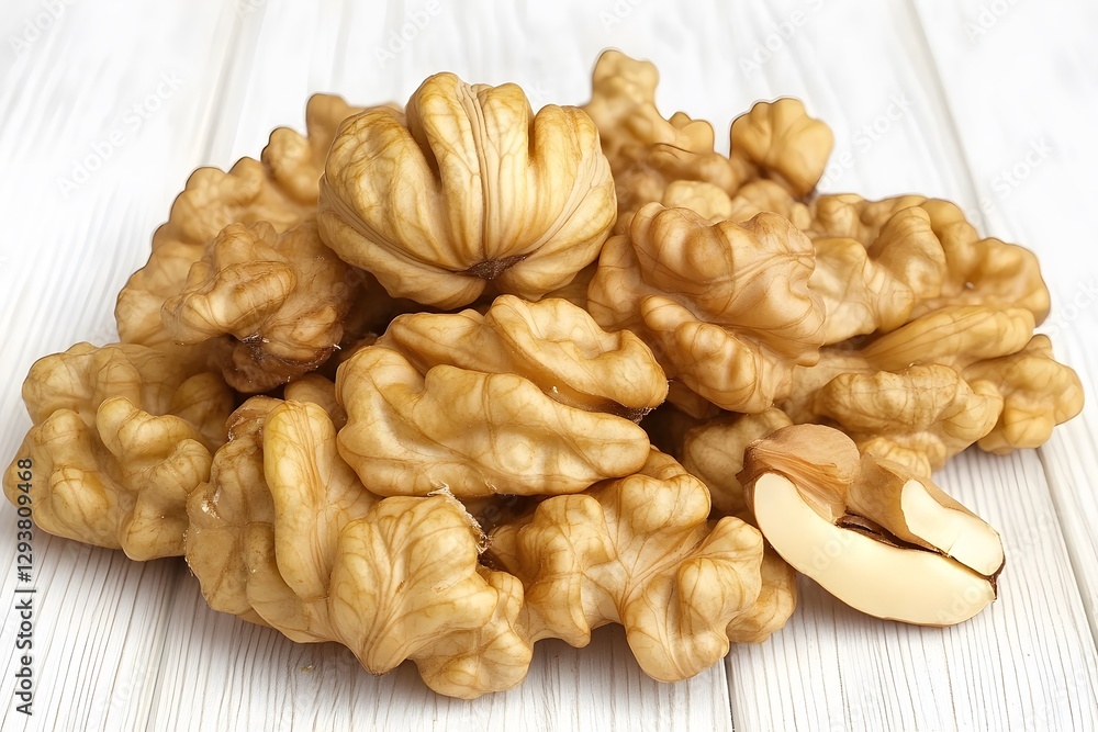 Closeup of Pile of Shelled Walnuts on White Wood Closeup of Pile of Shelled Walnuts on White Wood