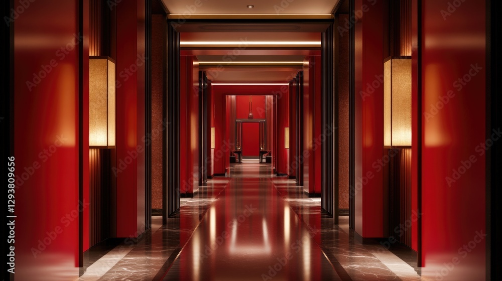 Elegant interior of a red-painted corridor with sleek design elements, featuring dramatic lighting and minimalistic decor Elegant interior of a red-painted corridor with sleek design elements, featuring dramatic lighting and minimalistic decor