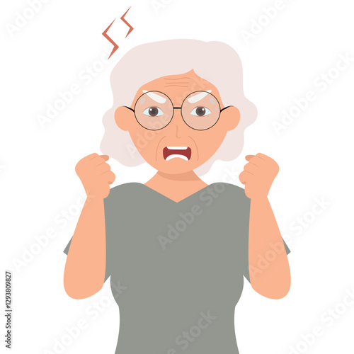 Angry frustrated senior woman screaming. Irritation, mad expression, frustration and negative emotion vector graphic illustration.