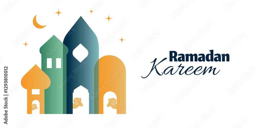 Obraz premium Blessed Ramadan, Ramadan month of blessings Ramadan Kareem, text translation in Arabic letters, houses, buildings, month, stars, gold, ram, sheep, vector illustration