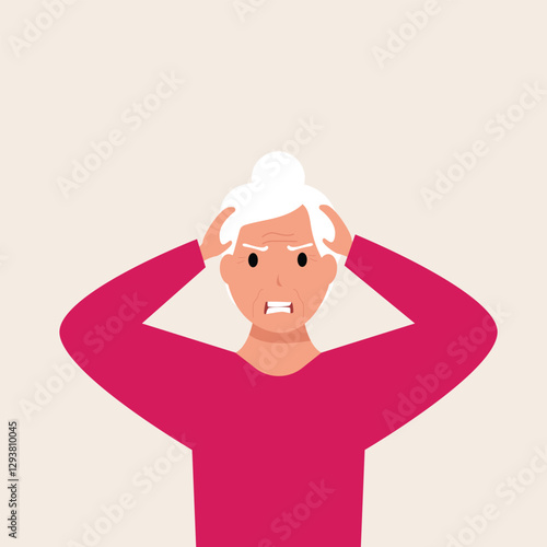Angry frustrated senior woman screaming. Irritation, mad expression, frustration and negative emotion vector graphic illustration.