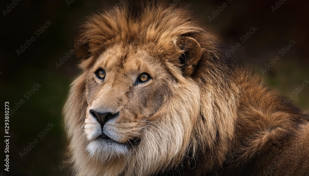 Portrait of a Majestic Lion in Serene Savannah, Captivating with Warm Sunlight and Vibrant Gold at Dusk Portrait of a Majestic Lion in Serene Savannah, Captivating with Warm Sunlight and Vibrant Gold at Dusk