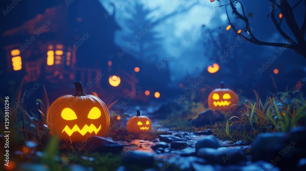 Fototapeta premium Halloween 3D background Concept: evil pumpkins and haunted house. Spooky scary Dark Night forest. Perfect for October holiday event, festive banner, computer desktop, marketing advertising. copy space