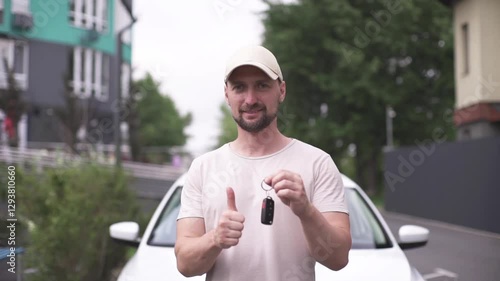 Male hand gives a car keys to male hand in the car dealership close up.
