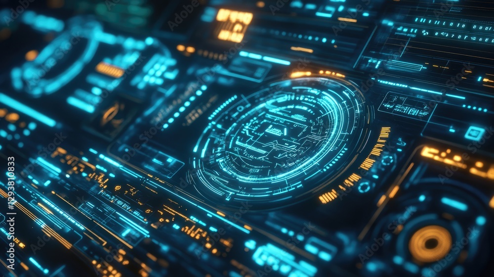 Futuristic HUD interface elements glow in blue and neon green, displaying intricate symbols and data visualizations for a high-tech environment Futuristic HUD interface elements glow in blue and neon green, displaying intricate symbols and data visualizations for a high-tech environment