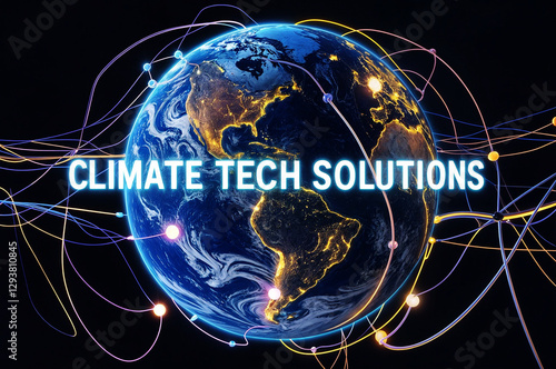 A vibrant illustration of the Earth with glowing connections and the word text 