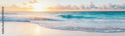 Serene Sunset Beach Scene Gentle Waves Crashing on a Pristine Sandy Shore at Golden Hour