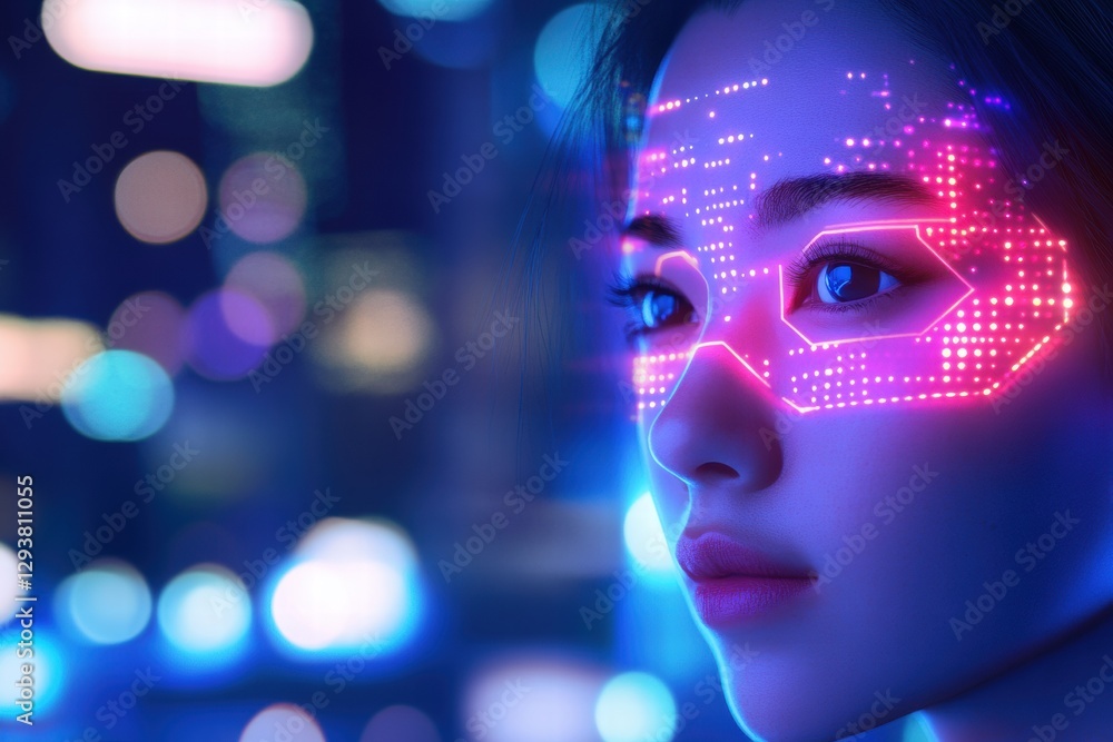 Futuristic Woman with Neon Circuitry Face Design in City Night Lights Background Digital Art Futuristic Woman with Neon Circuitry Face Design in City Night Lights Background Digital Art