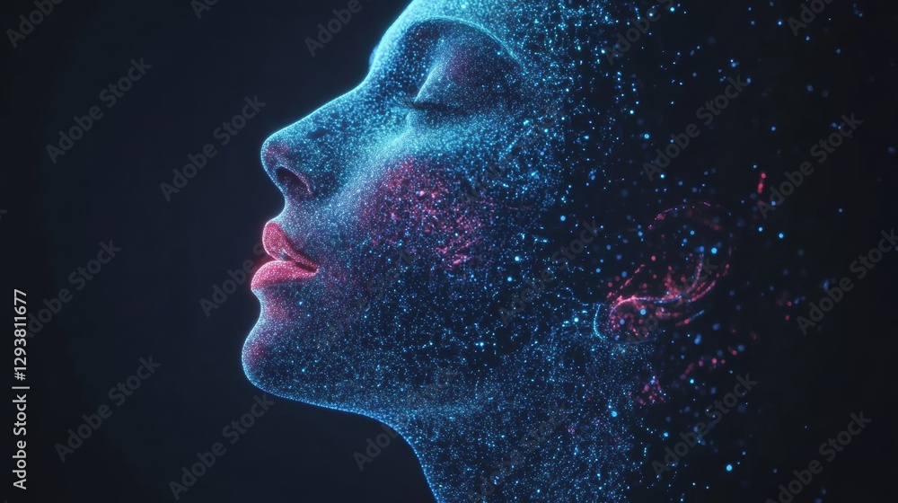 Abstract Digital Female Face Profile glowing with Blue and Pink Particles Digital Art