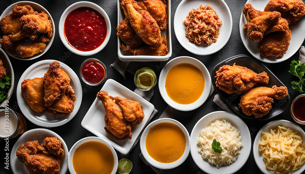Fried Chicken Feast: A Delicious Spread of Crispy Chicken, Sides, and Sauces Fried Chicken Feast: A Delicious Spread of Crispy Chicken, Sides, and Sauces