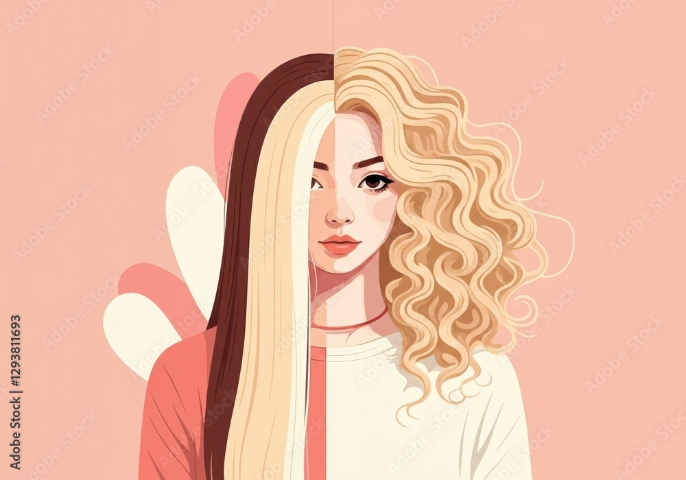 Half portrait of a woman with contrasting hairstyles and colors Half portrait of a woman with contrasting hairstyles and colors