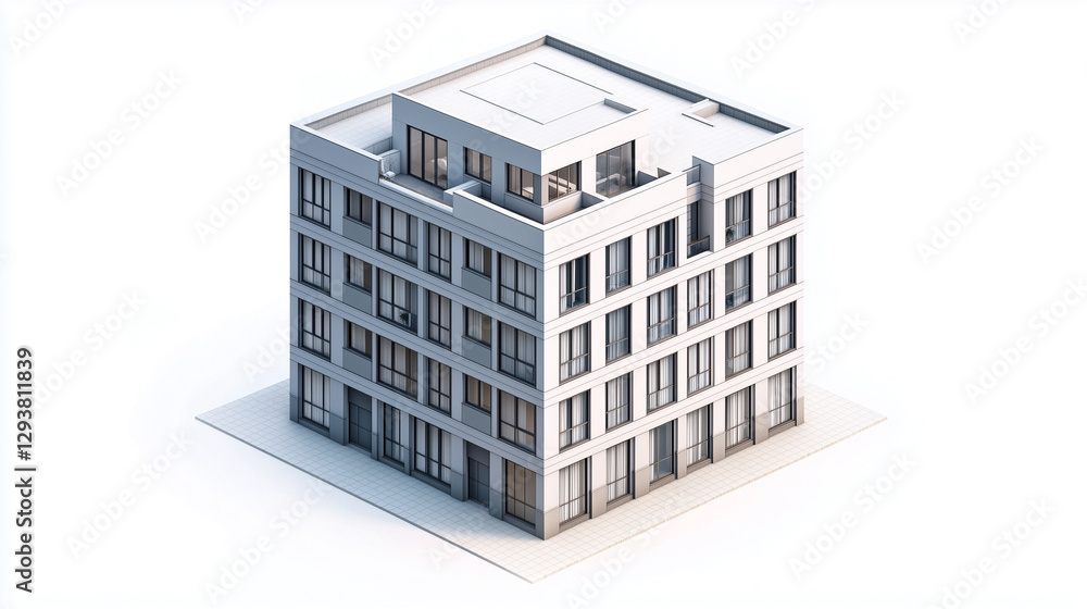 A highly detailed, isometric 3D model of a multi-story apartment building with a light gray exterior, featuring evenly spaced windows and a clean, modern facade A highly detailed, isometric 3D model of a multi-story apartment building with a light gray exterior, featuring evenly spaced windows and a clean, modern facade