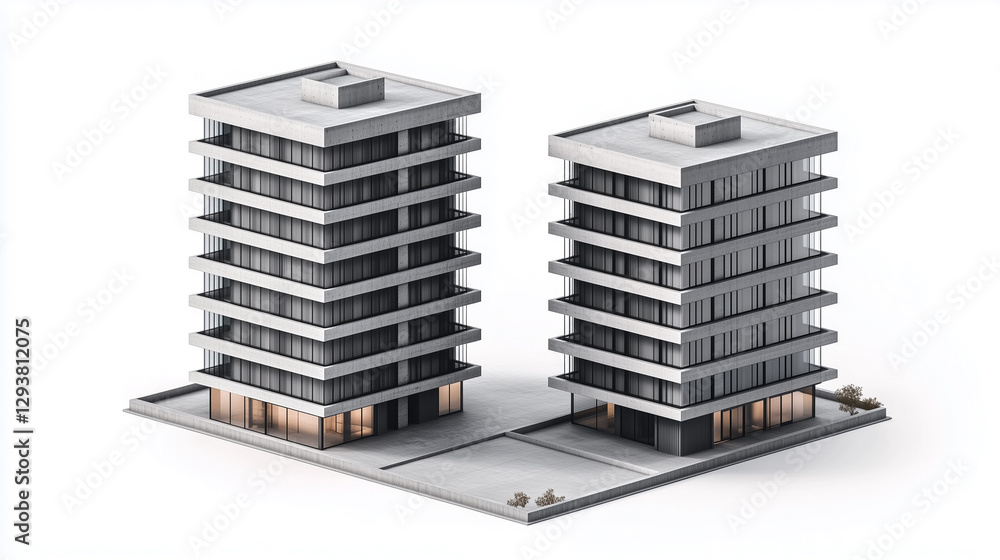 A highly detailed isometric architectural rendering of two contemporary high-rise buildings, designed with sharp geometric lines and a minimalist cityscape aesthetic A highly detailed isometric architectural rendering of two contemporary high-rise buildings, designed with sharp geometric lines and a minimalist cityscape aesthetic