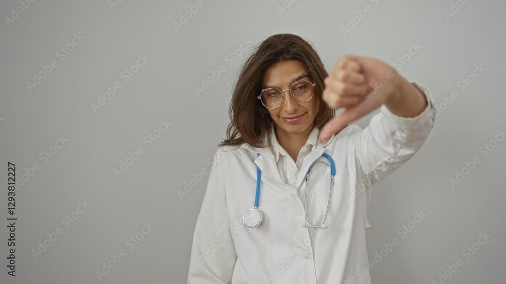 Woman doctor wearing glasses and stethoscope makes a thumbs down gesture on a white background, expressing disapproval or criticism in a healthcare context. Woman doctor wearing glasses and stethoscope makes a thumbs down gesture on a white background, expressing disapproval or criticism in a healthcare context.