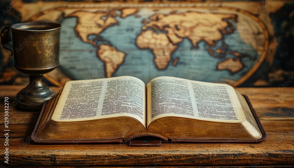 Obraz premium Open book with Bible pages on a wooden table, world map behind it, spiritual and historical concept, travel and wisdom, vintage ambiance