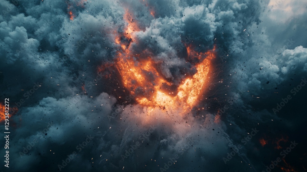 Dramatic Explosion Amid Stormy Clouds in Fiery Orange and Black Dramatic Explosion Amid Stormy Clouds in Fiery Orange and Black