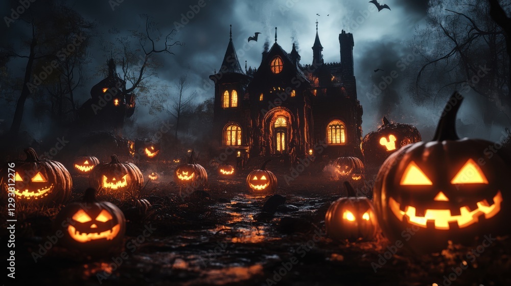 Halloween 3D background Concept: evil pumpkins and haunted house. Spooky scary Dark Night forest. Perfect for October holiday event, festive banner, computer desktop, marketing advertising. copy space Halloween 3D background Concept: evil pumpkins and haunted house. Spooky scary Dark Night forest. Perfect for October holiday event, festive banner, computer desktop, marketing advertising. copy space