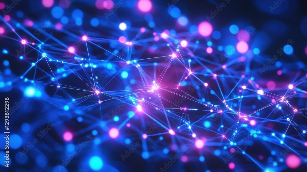 Fototapeta premium Abstract Network Connection Digital Data Flow Blue Pink Glowing Lines Points