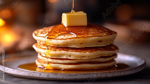 Wallpaper Mural Artistic ultra-realistic close-up of fluffy pancake stack, butter cube melting luxuriously, golden honey syrup slowly cascading down sides, minimalist polished marble backdrop, Torontodigital.ca