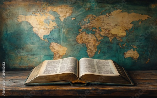Fototapeta Naklejka Na Ścianę i Meble -  Bible open on a wooden table, world map background, pages turned to reveal scriptures, global connection, faith and exploration, vintage style design