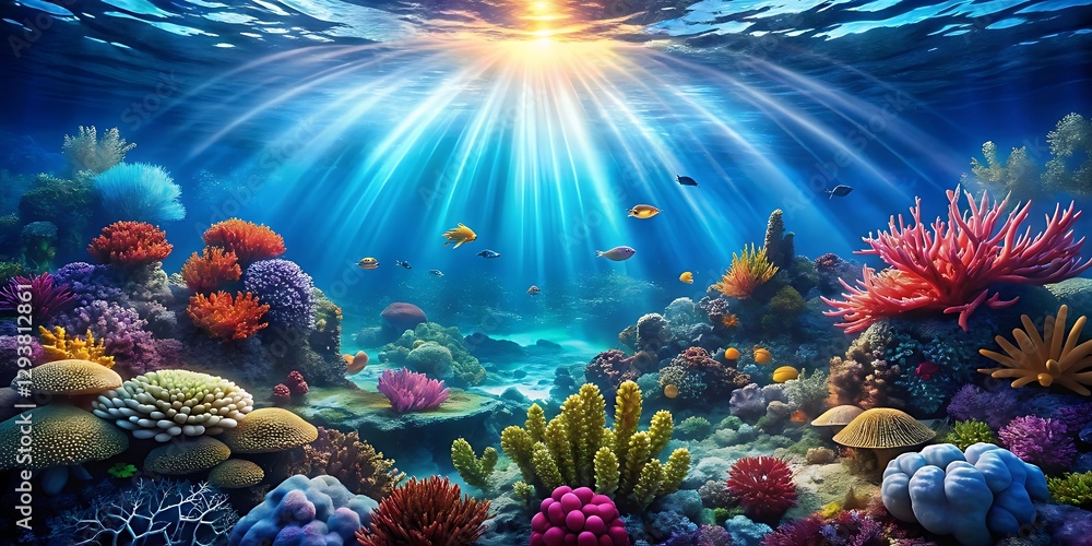 Naklejka premium Vibrant Underwater Coral Reef with Sunlight Rays