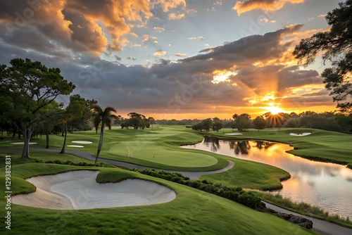 Stunning Golf Course at Sunrise with Dramatic Sky