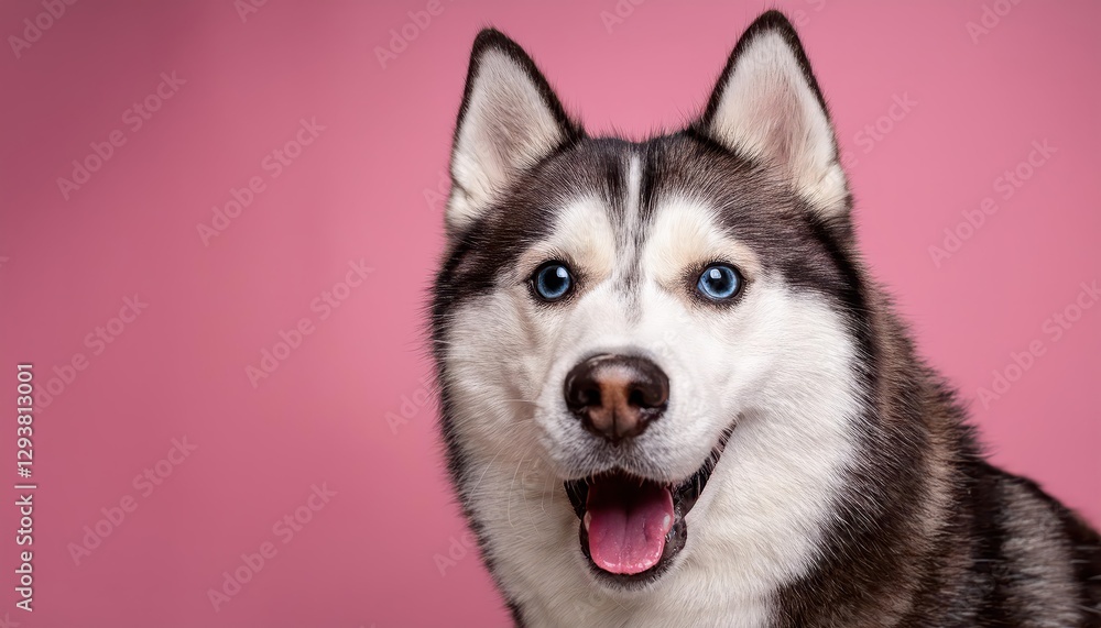 Vibrant Pink Backdrop Spotlights Playful, Curious Siberian Husky with Wide Smile, Capturing an Intimate Moment of Canine Joy and Friendship. Vibrant Pink Backdrop Spotlights Playful, Curious Siberian Husky with Wide Smile, Capturing an Intimate Moment of Canine Joy and Friendship.