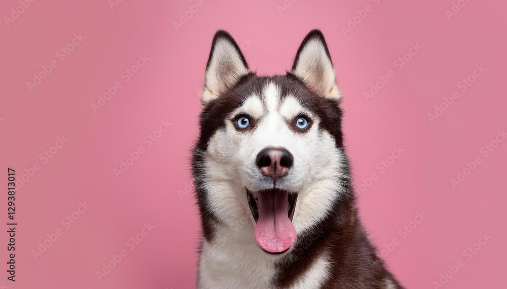 Striking Portrait of a Siberian Husky on Pink Background with Open Mouth and Expressive Eyes, Capturing Playful Energy and Vibrant Atmosphere. Striking Portrait of a Siberian Husky on Pink Background with Open Mouth and Expressive Eyes, Capturing Playful Energy and Vibrant Atmosphere.