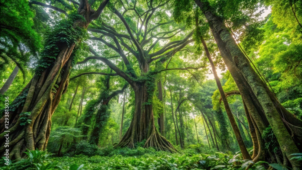 Fototapeta premium Dense foliage covering towering trunks and canopies amidst leafy branches