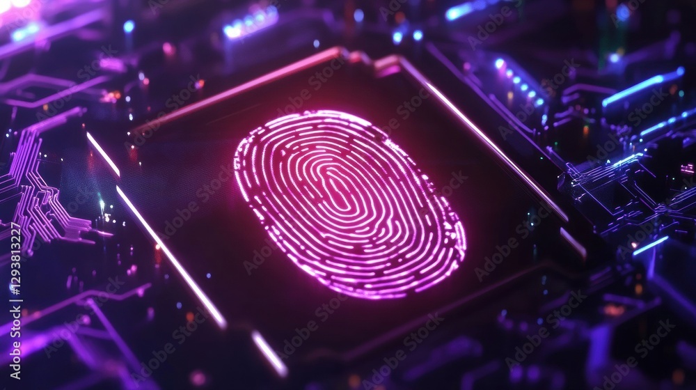 Futuristic Fingerprint Scan on Circuit Board Digital Identity Technology Abstract Background Futuristic Fingerprint Scan on Circuit Board Digital Identity Technology Abstract Background