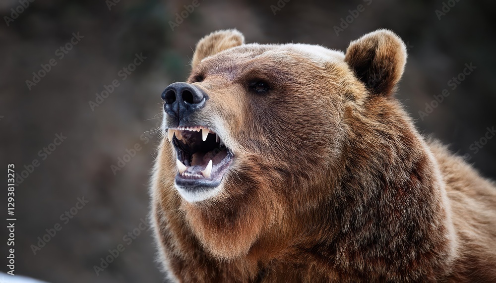 Closeup of a Snarling Brown Bear in Forest under Golden Autumn Leaves, Capturing Intense Emotion and Majesty with Sharp Focus and Vibrant Fall Colors Closeup of a Snarling Brown Bear in Forest under Golden Autumn Leaves, Capturing Intense Emotion and Majesty with Sharp Focus and Vibrant Fall Colors